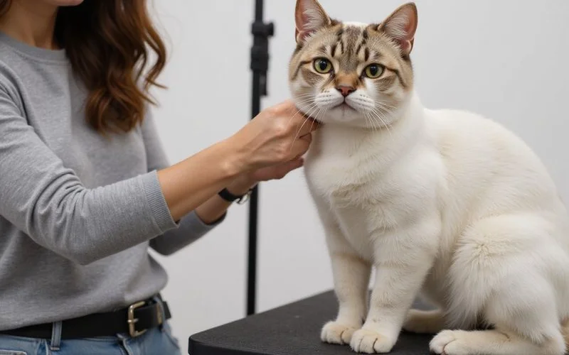 A cat boarding facility with individual clean enclosures, a staff member sending a photo update on a phone, and a cozy cafe-style waiting area for pet owners in Malaysia