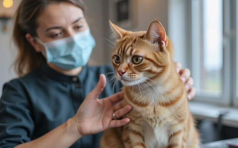 A calm and attentive groomer in Puchong gently brushing a cat on a padded grooming station while the cat remains relaxed