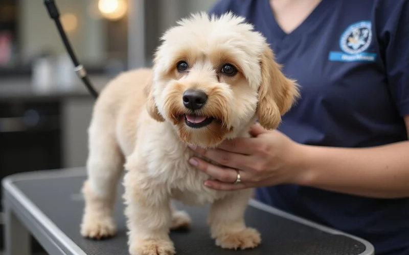 A professional pet groomer in Puchong carefully bathing and trimming a dog on a grooming table inside a clean, well-lit salon