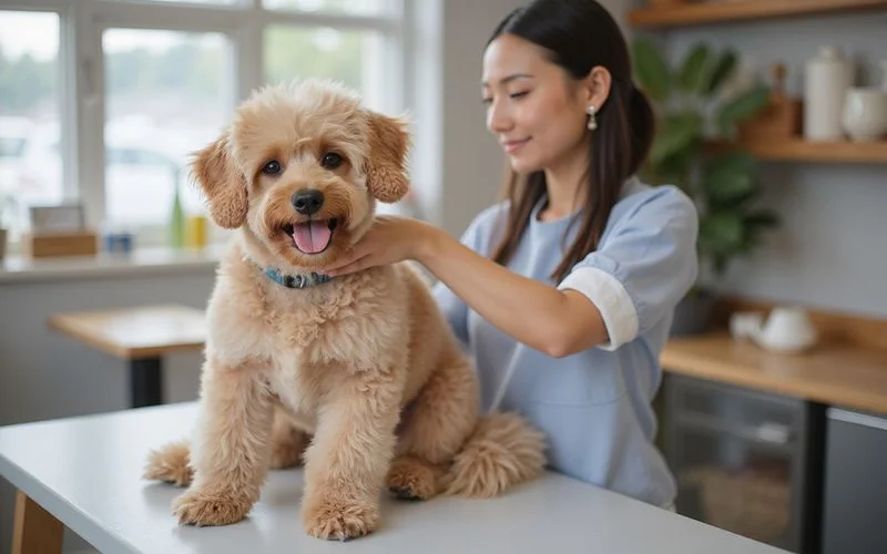 A happy small dog receiving a bath and blow-dry at a well-lit pet grooming spa in Puchong, with staff members attending carefully