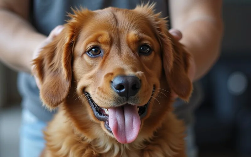 A fluffy golden retriever being carefully brushed and groomed by a smiling staff member inside a bright, clean pet grooming salon in a Malaysian suburban area