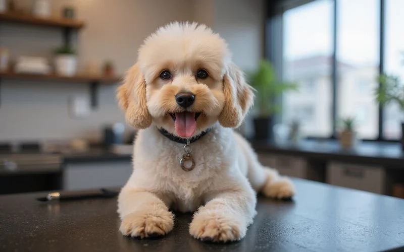 A calm and well-lit pet grooming salon in Puchong where a groomer is carefully trimming a small dog on a grooming table with professional tools