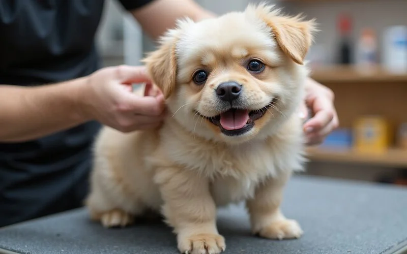 A close-up of a pet grooming session with a small dog being brushed on a grooming table inside a clean, well-lit Puchong grooming salon