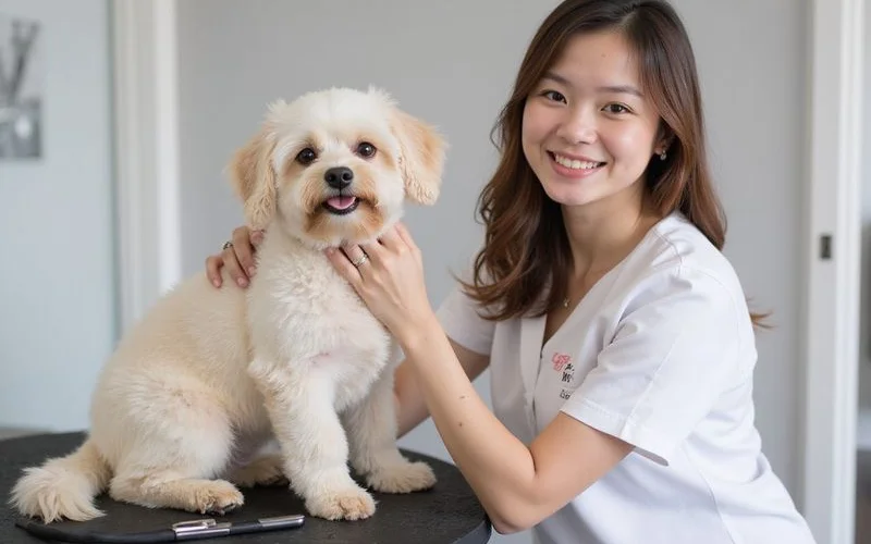 An independent pet groomer directory page displayed on a laptop screen, showing groomer listings for Puchong and surrounding areas like Bandar Puteri and Bandar Kinrara