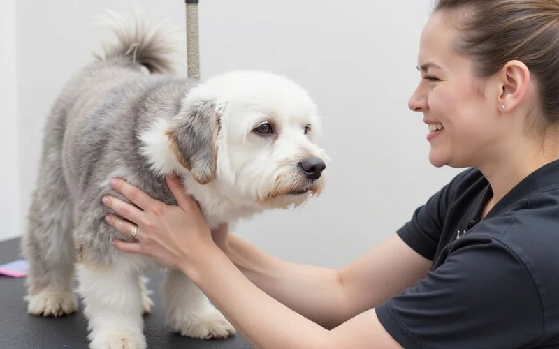 A well-lit pet boarding facility in Puchong showing separate clean enclosures for cats and dogs, with a staff member providing attentive care to a small rabbit