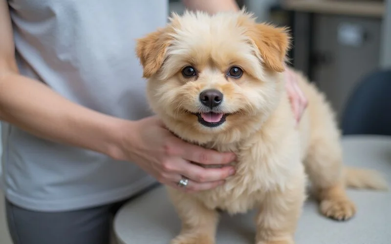 A professional pet groomer in a clean salon in Puchong carefully trimming a small dog's coat while the dog sits calmly on a grooming table